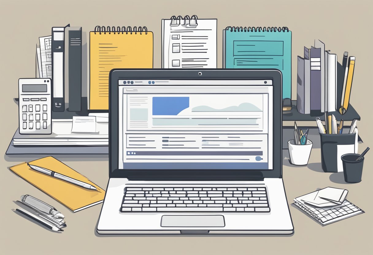 A desk with a laptop, notebook, and pen. A checklist titled "Relaunch Website" with items like design, content, and testing
