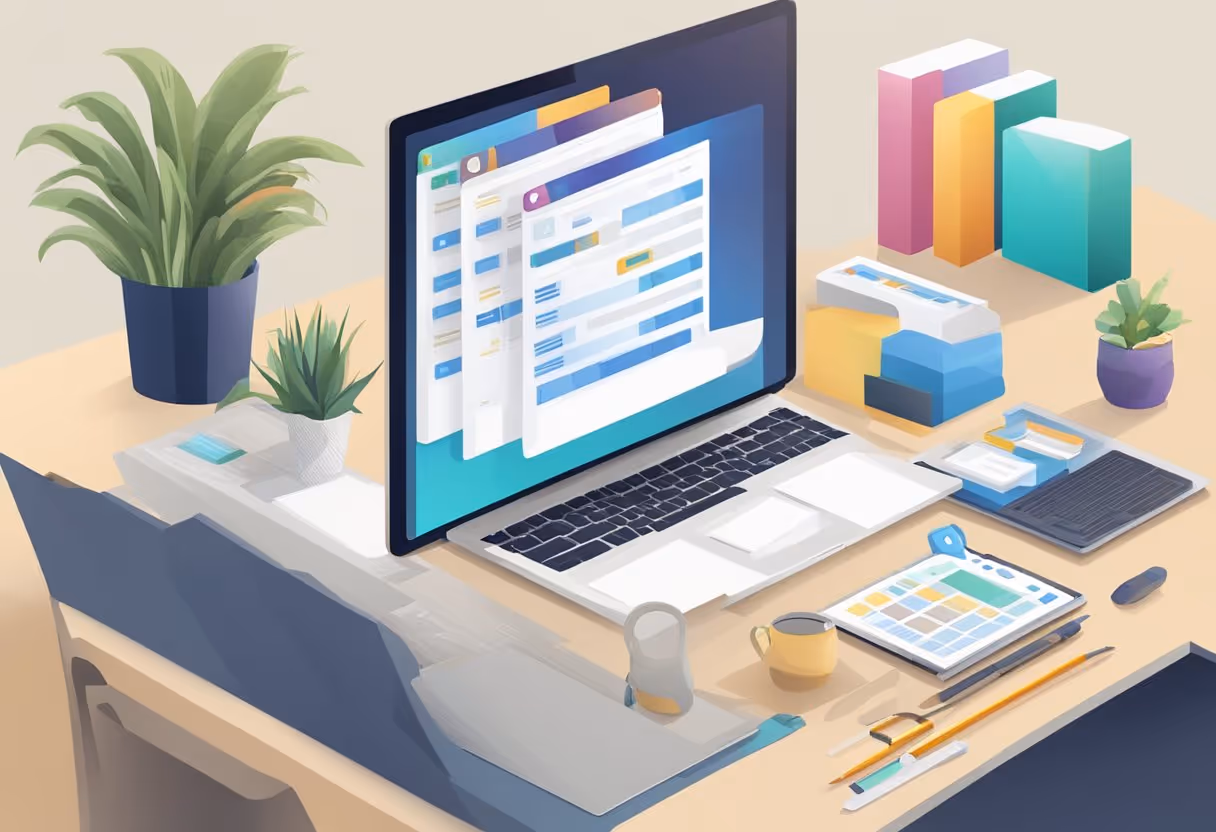 A checklist with items such as "responsive design," "intuitive navigation," and "engaging visuals" displayed on a computer screen, surrounded by design elements and user interface components