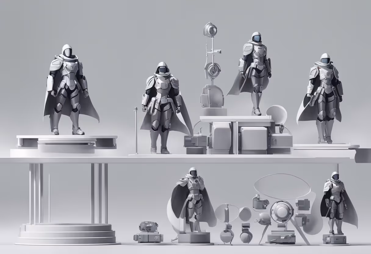 A figma figure stands on a white platform, surrounded by various accessories and interchangeable parts