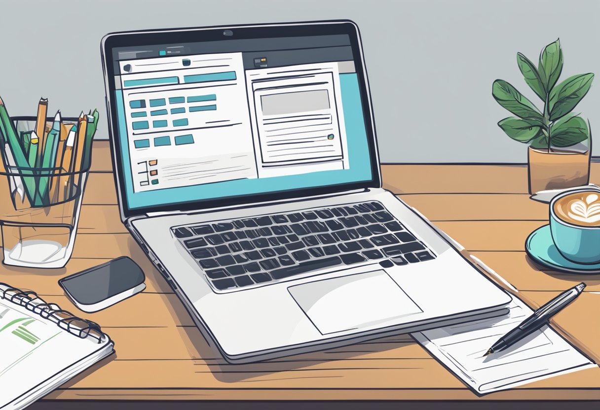 A laptop open on a desk, with a checklist of website relaunch tasks on the screen, surrounded by a pen, notebook, and coffee mug