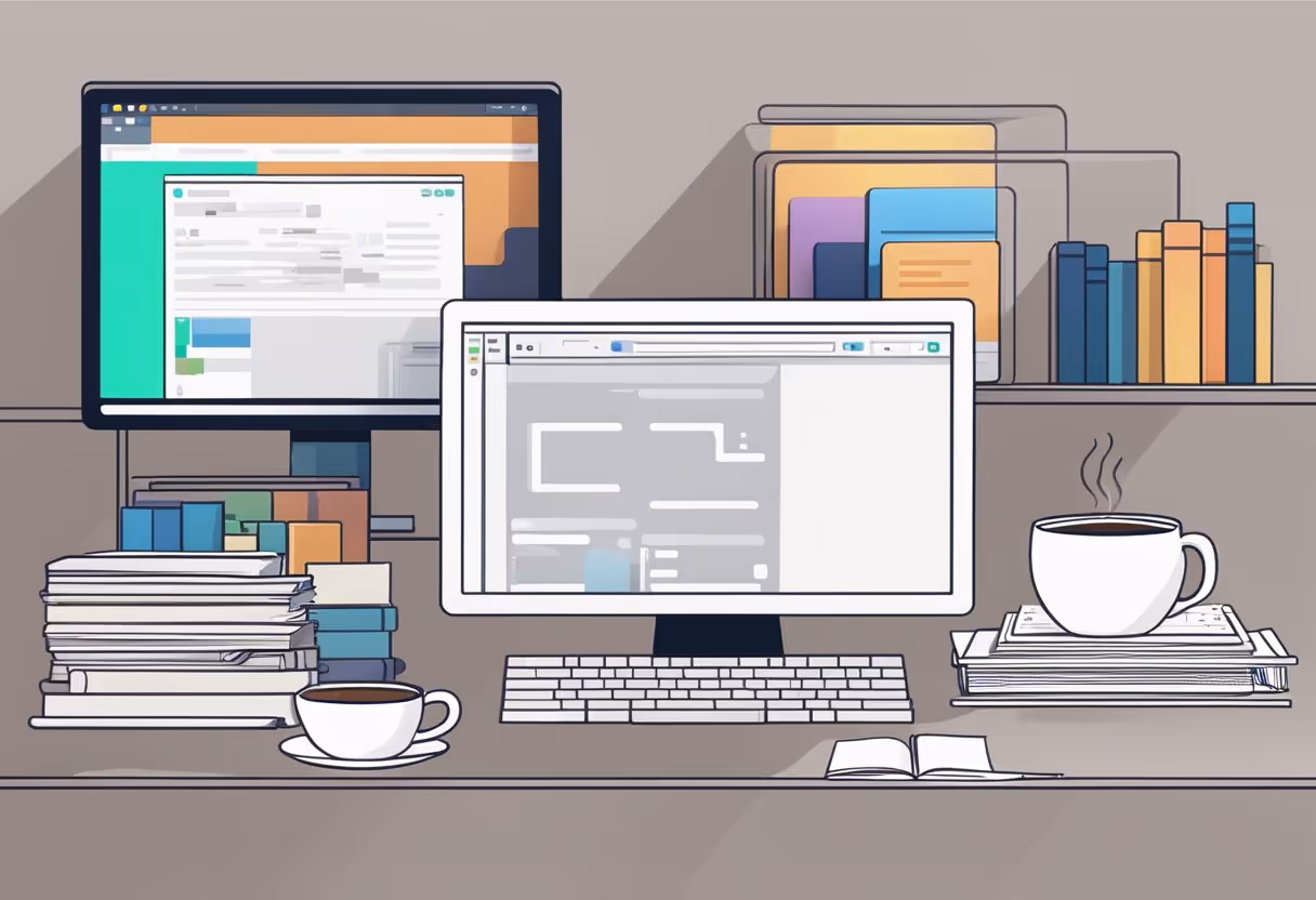 A computer screen with Figma software open, surrounded by coding books and a cup of coffee