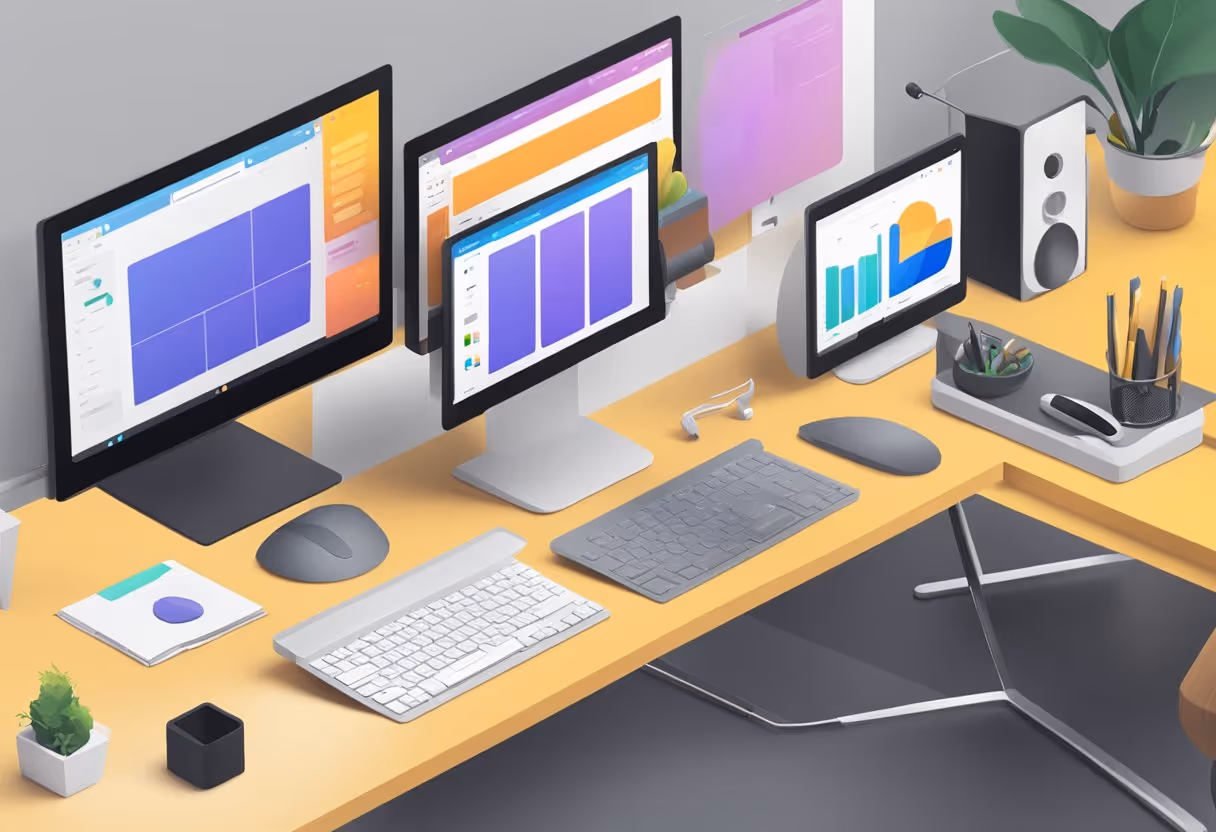 A computer screen displaying the Figma interface with various design tools and elements arranged neatly on a desk with a keyboard and mouse nearby