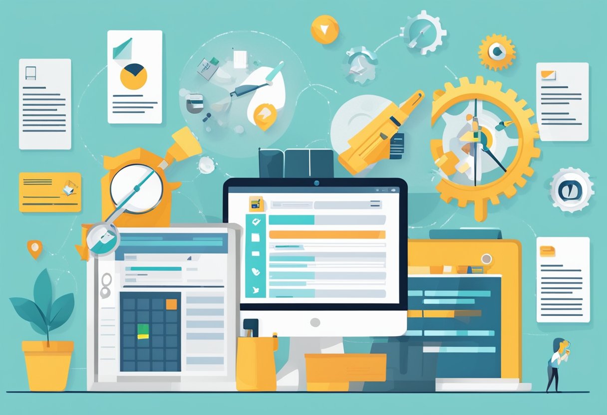 A checklist with "SEO und Inhaltsoptimierung relaunch website" at the top, surrounded by digital marketing icons and a computer screen displaying website analytics