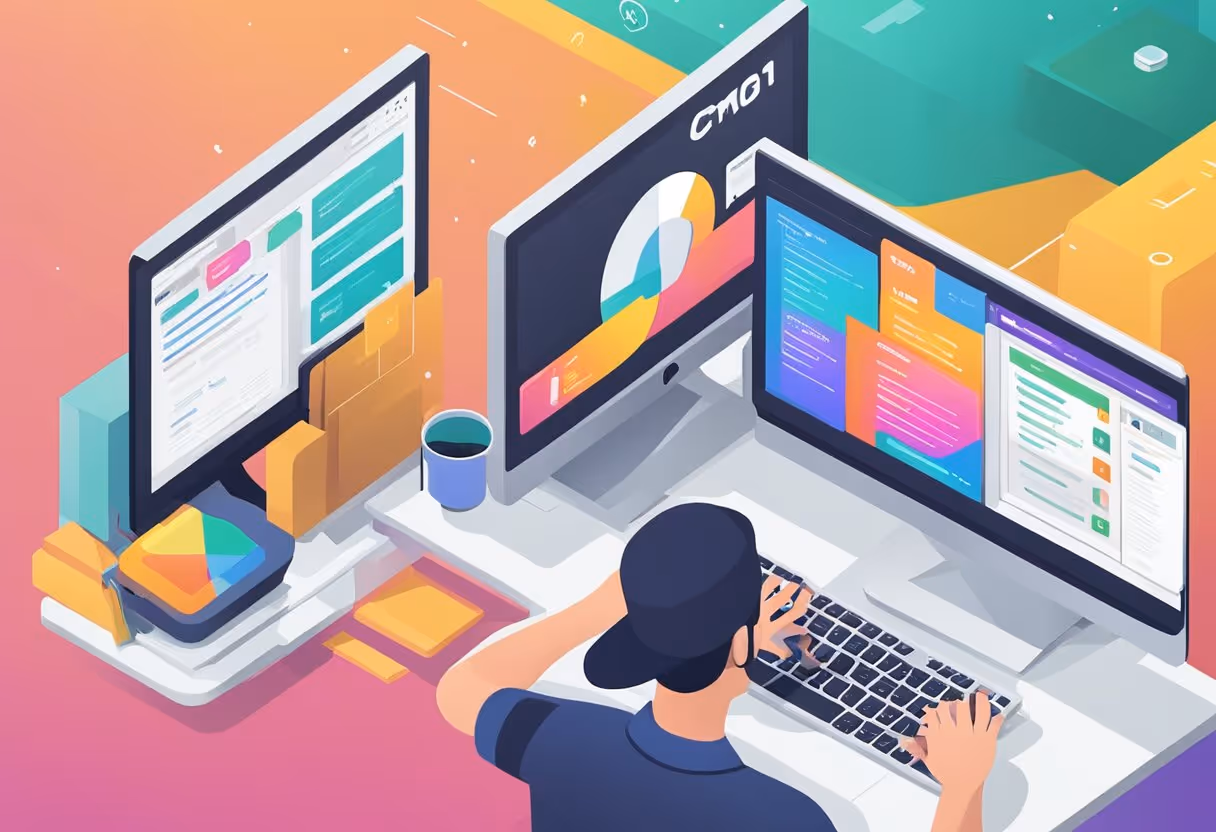 Two computer screens side by side, one displaying Webflow's CMS features and the other displaying WordPress's CMS features. A person analyzing and comparing the two on a desk