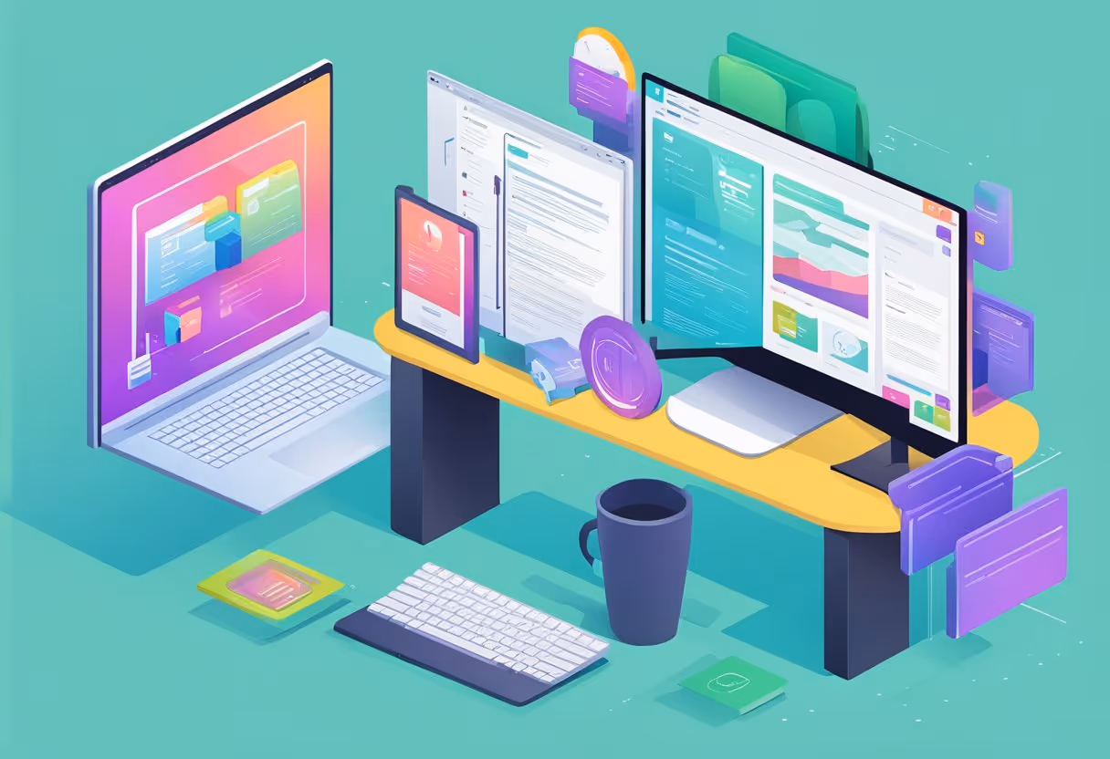 A computer screen split in half, one side showing Webflow's sleek interface, the other displaying WordPress's classic dashboard. Icons and tools populate each, representing their respective features
