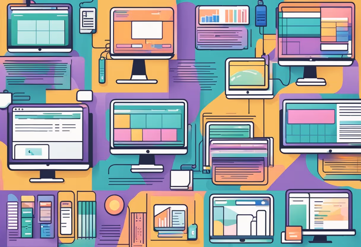 A computer screen displaying various webflow collections with colorful graphics and organized content