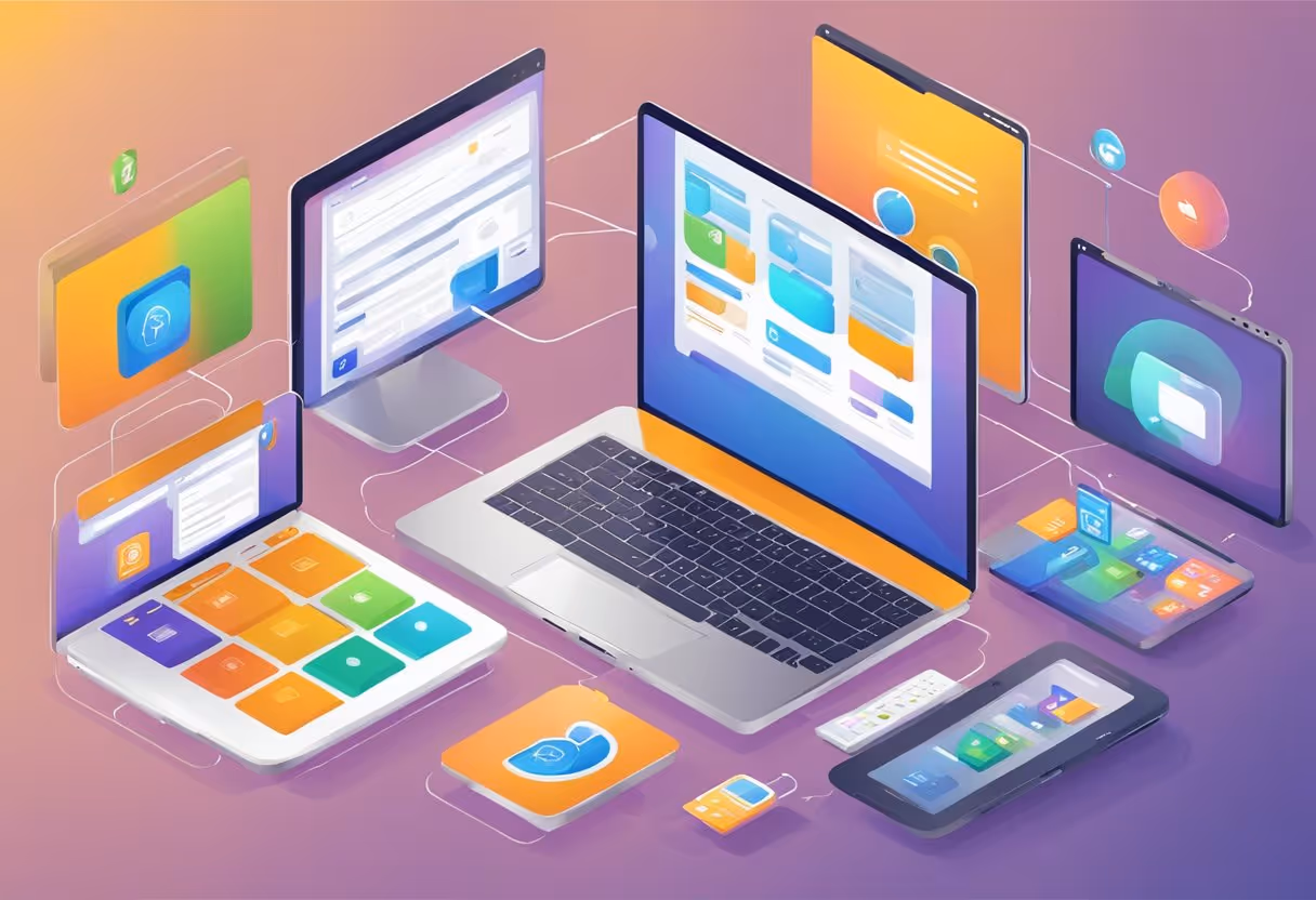 A laptop with a fast loading website displayed, surrounded by mobile devices and user-friendly icons