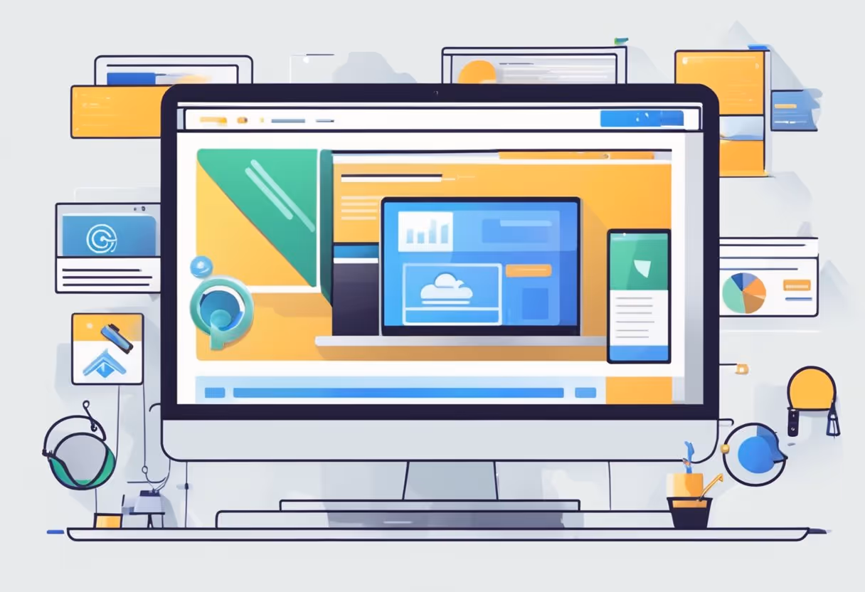 A computer screen displaying a website loading quickly, with optimization methods and tools surrounding it