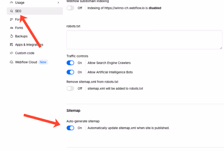 Der SEO-Tab in den Webflow Site Settings. Zeige die Checkbox „Auto-generate Sitemap" im aktivierten Zustand, daneben die generierte Sitemap-URL (z. B. deinedomain.com/sitemap.xml). Pfeil auf die Checkbox.
