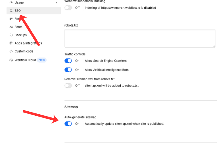 Der SEO-Tab in den Webflow Site Settings. Zeige die Checkbox „Auto-generate Sitemap" im aktivierten Zustand, daneben die generierte Sitemap-URL (z. B. deinedomain.com/sitemap.xml). Pfeil auf die Checkbox.
