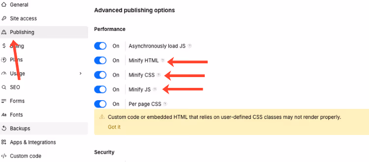 Der Hosting-Tab in den Webflow Site Settings, Bereich „Advanced Publishing Options". Alle drei Checkboxen (Minify HTML, Minify CSS, Minify JS) sind aktiviert und rot markiert.
