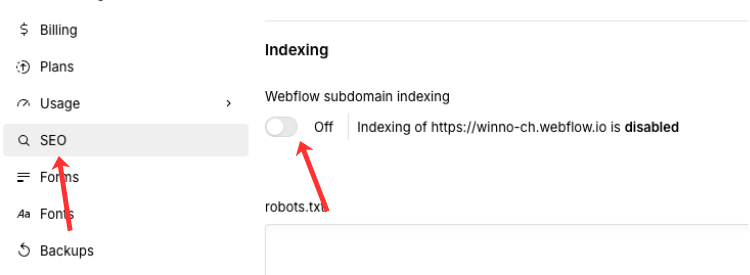 Der SEO-Tab in den Site Settings. Die Option „Disable Webflow Subdomain Indexing" ist aktiviert. Roter Pfeil zeigt darauf, daneben ein Warnhinweis-Icon zur Verdeutlichung der Wichtigkeit.