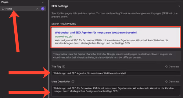 Das SEO-Settings-Fenster einer Webflow-Seite im Designer. Felder für Meta Title und Meta Description sind ausgefüllt. Darüber eine Google-SERP-Vorschau, die zeigt wie der Eintrag in den Suchergebnissen aussieht.