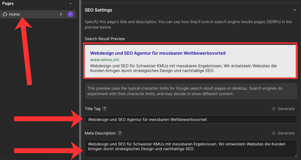 Das SEO-Settings-Fenster einer Webflow-Seite im Designer. Felder für Meta Title und Meta Description sind ausgefüllt. Darüber eine Google-SERP-Vorschau, die zeigt wie der Eintrag in den Suchergebnissen aussieht.