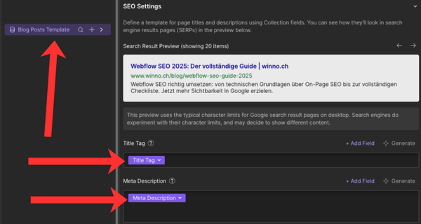 Der CMS-Collection-Template-Editor in Webflow. Im SEO-Panel auf der rechten Seite ist der Meta Title mit einem dynamischen Feld verknüpft (z. B. „{Artikel-Titel} | Firmenname"). Pfeil zeigt auf das „+"-Symbol zum Einfügen eines CMS-Felds.