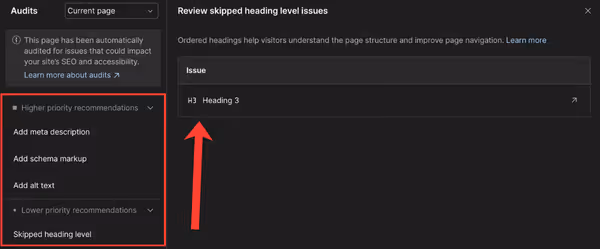 Das Webflow Audits Panel geöffnet in der linken Sidebar. Es zeigt eine Warnung für eine fehlende H2 (gelbes Warndreieck) und einen Fehler für fehlendes Alt-Text bei einem Bild (rotes Ausrufezeichen). Pfeil auf das Sechseck-Icon in der Toolbar.