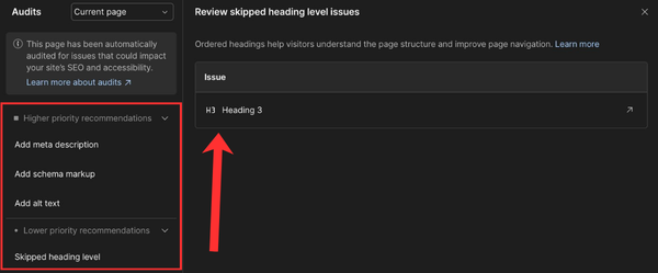 Das Webflow Audits Panel geöffnet in der linken Sidebar. Es zeigt eine Warnung für eine fehlende H2 (gelbes Warndreieck) und einen Fehler für fehlendes Alt-Text bei einem Bild (rotes Ausrufezeichen). Pfeil auf das Sechseck-Icon in der Toolbar.