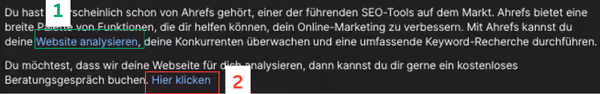 Ein Blogbeitrag in Webflow mit mehreren internen Links. Zwei davon sind markiert: einer mit schlechtem Ankertext (rot umrandet: „Hier klicken") und einer mit gutem Ankertext (grün umrandet: „Webflow SEO-Einstellungen erklärt"). Kurze Erklärung rechts daneben.