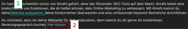 Ein Blogbeitrag in Webflow mit mehreren internen Links. Zwei davon sind markiert: einer mit schlechtem Ankertext (rot umrandet: „Hier klicken") und einer mit gutem Ankertext (grün umrandet: „Webflow SEO-Einstellungen erklärt"). Kurze Erklärung rechts daneben.