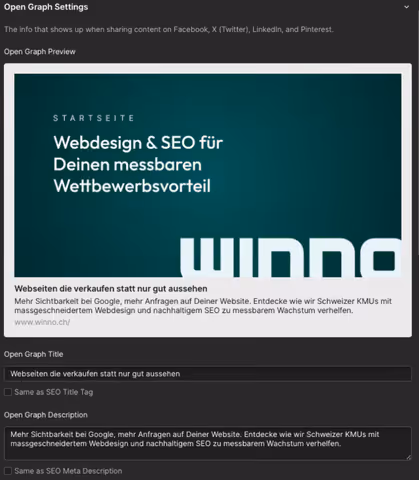 Die Open-Graph-Einstellungen in den Webflow Page Settings. OG-Titel und OG-Beschreibung sind ausgefüllt, ein OG-Bild ist hochgeladen (1200×630px Vorschau). Daneben eine simulierte LinkedIn-Vorschau, die zeigt, wie der Post aussehen würde.