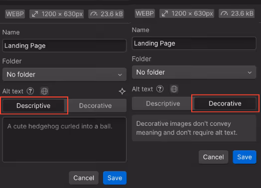 Das Element-Panel in Webflow mit einem ausgewählten Bild. Im rechten Panel ist das Alt-Text-Feld ausgefüllt. Daneben ein zweites Bild mit aktivierter „Decorative“-Checkbox. Beide Optionen sind nebeneinander gezeigt.