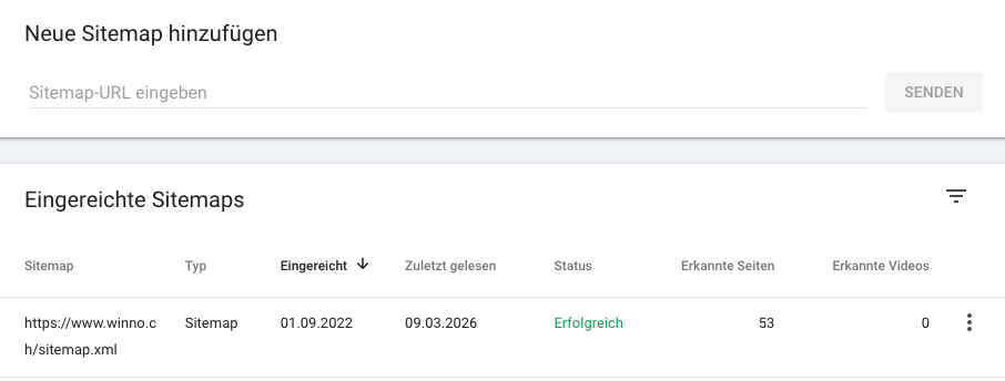 Der Sitemaps-Bereich in der Google Search Console. Das Eingabefeld zeigt „sitemap.xml“, darunter ist die Sitemap als „Erfolg“ gelistet mit Datum und Anzahl indexierter URLs. Grüner Text unter dem Status.