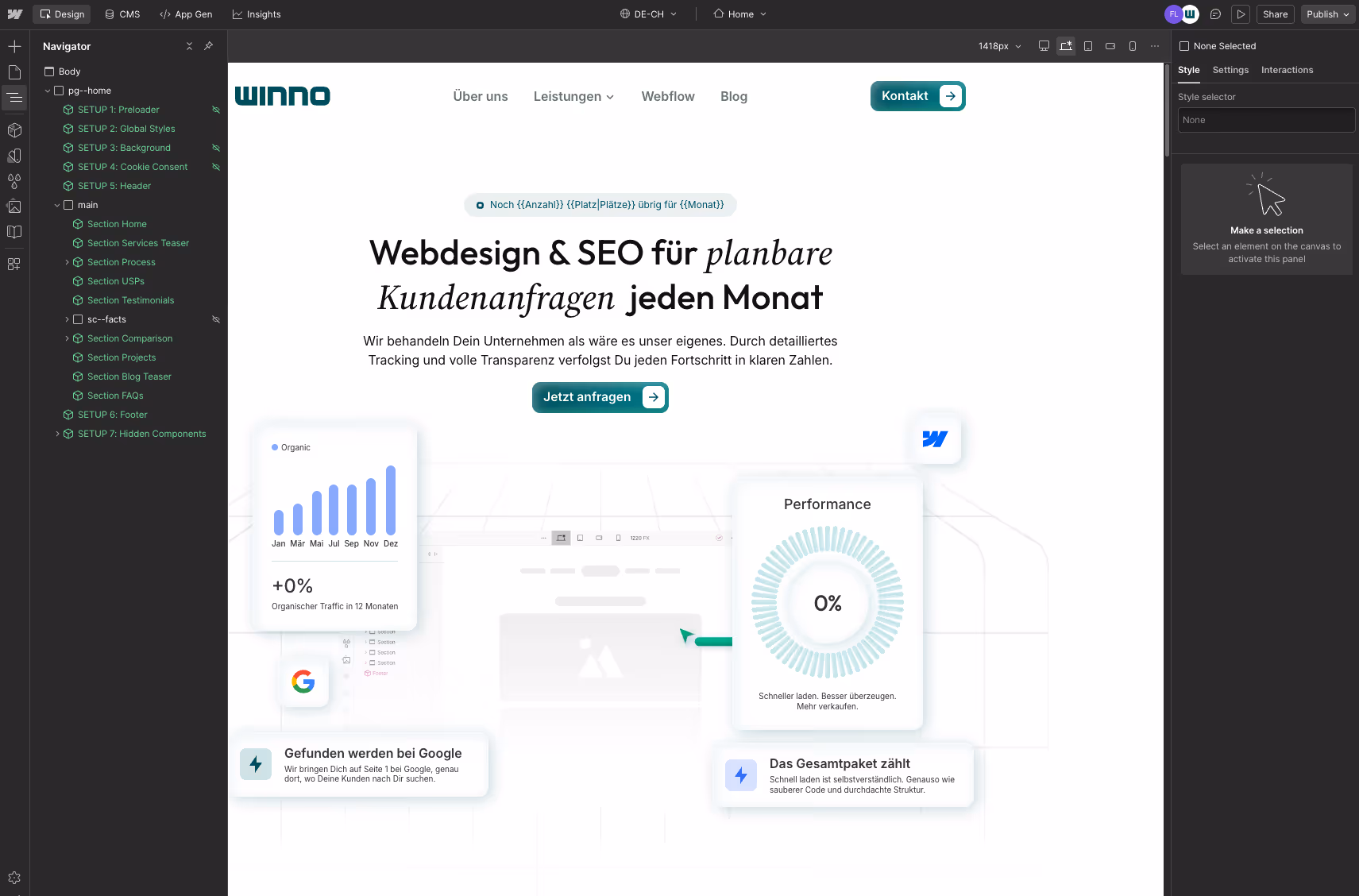Der Webflow Designer mit einer geöffneten Seite. Links der Layers-/Seiten-Panel, rechts das Style-Panel mit geöffneten Layout-Einstellungen.