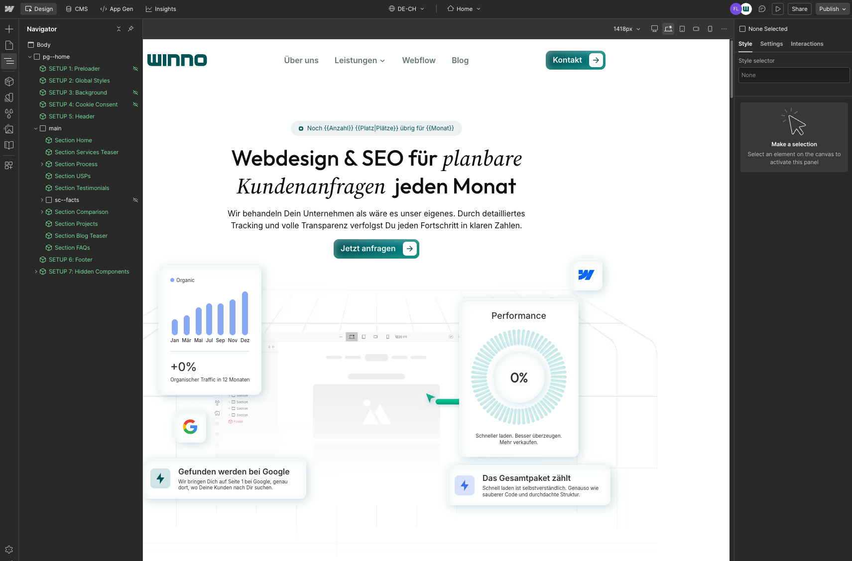 Der Webflow Designer mit einer geöffneten Seite. Links der Layers-/Seiten-Panel, rechts das Style-Panel mit geöffneten Layout-Einstellungen.