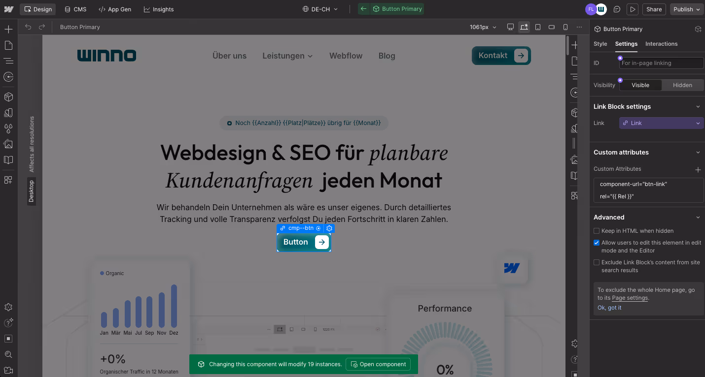 Das Webflow Style-Panel rechts im Designer. Ein Button-Element ist ausgewählt, rechts sieht man alle CSS-Eigenschaften