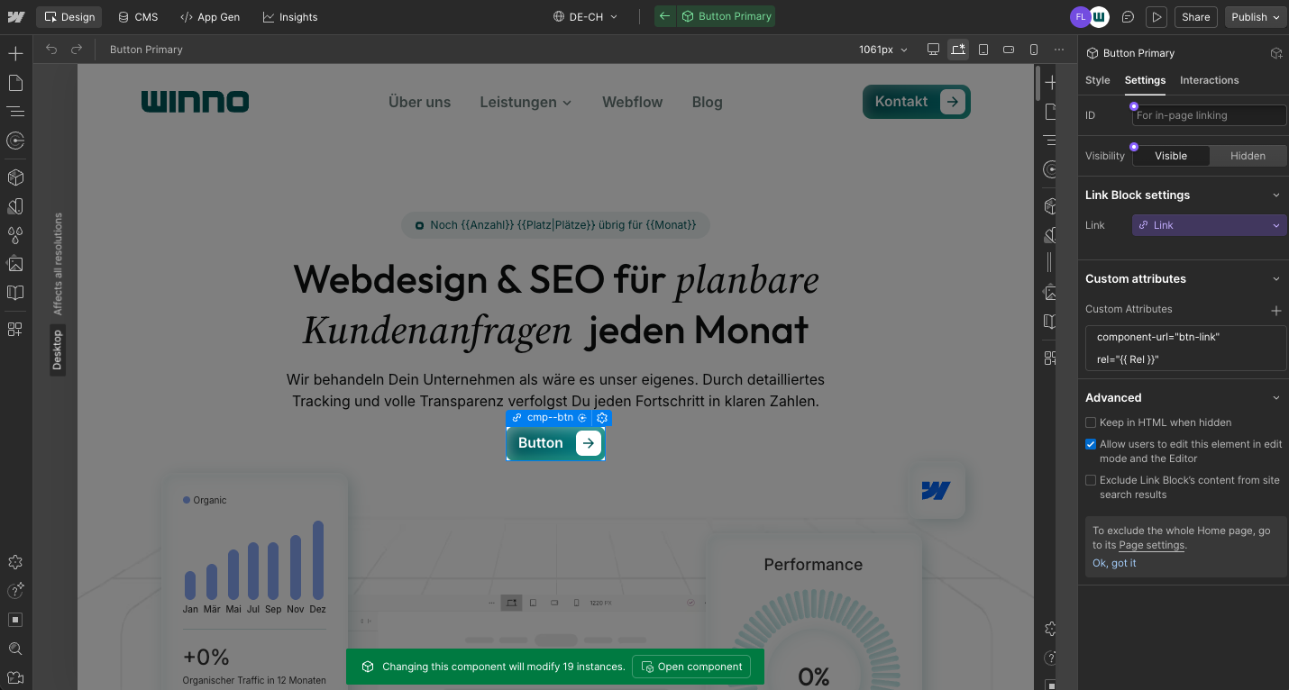 Das Webflow Style-Panel rechts im Designer. Ein Button-Element ist ausgewählt, rechts sieht man alle CSS-Eigenschaften