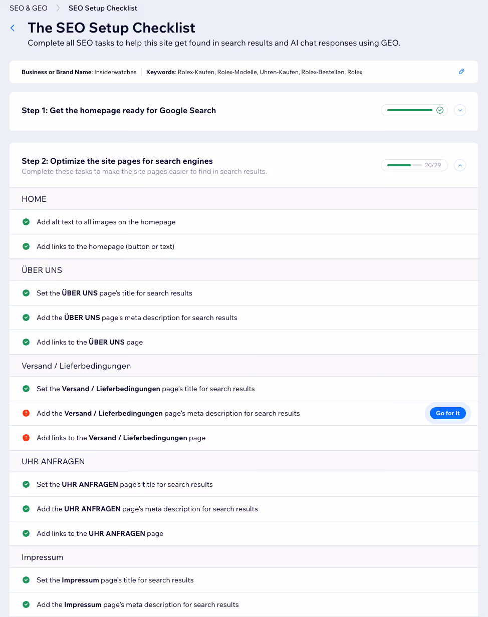 Das Wix SEO-Dashboard mit dem Assistenten-Panel. Eine Checkliste mit grünen Haken und roten Punkten. 