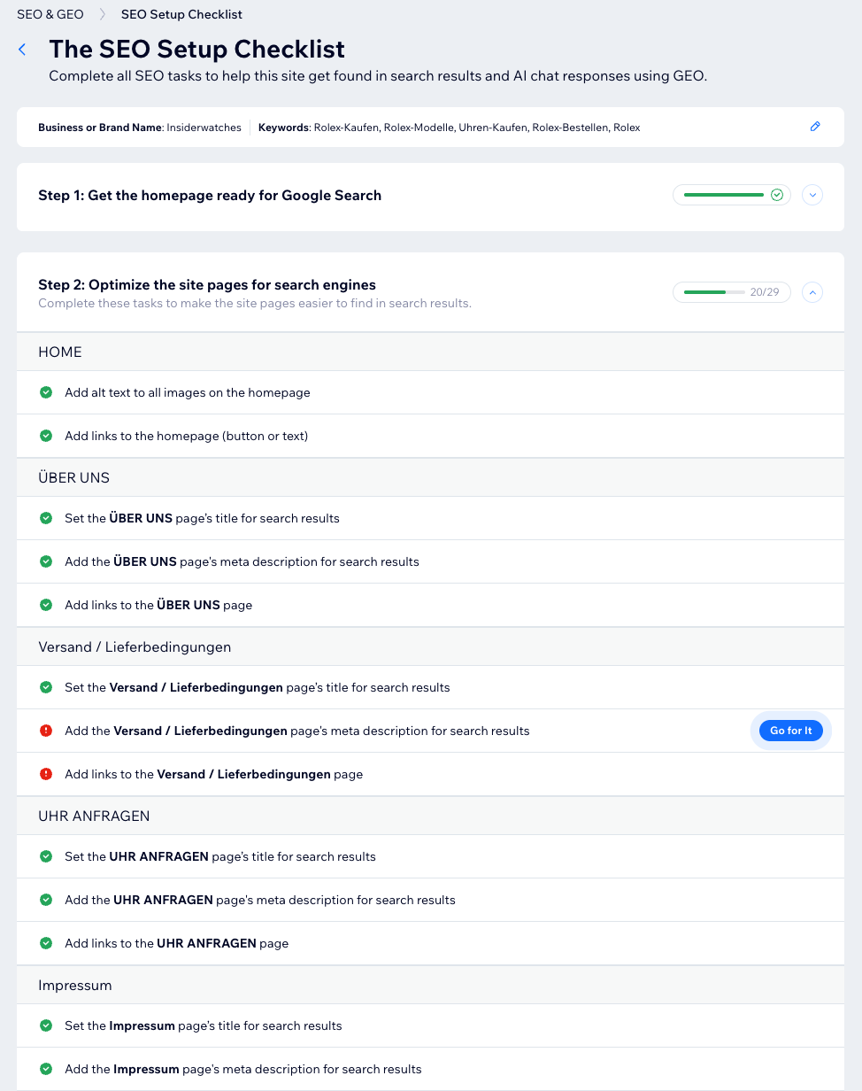 Das Wix SEO-Dashboard mit dem Assistenten-Panel. Eine Checkliste mit grünen Haken und roten Punkten.