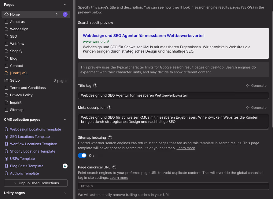 Das Webflow Page-Settings-Panel mit geöffnetem SEO-Tab. Felder für SEO Title, Meta Description, Open Graph und Canonical URL sind sichtbar.
