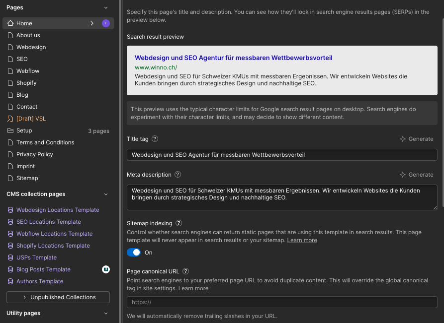 Das Webflow Page-Settings-Panel mit geöffnetem SEO-Tab. Felder für SEO Title, Meta Description, Open Graph und Canonical URL sind sichtbar.