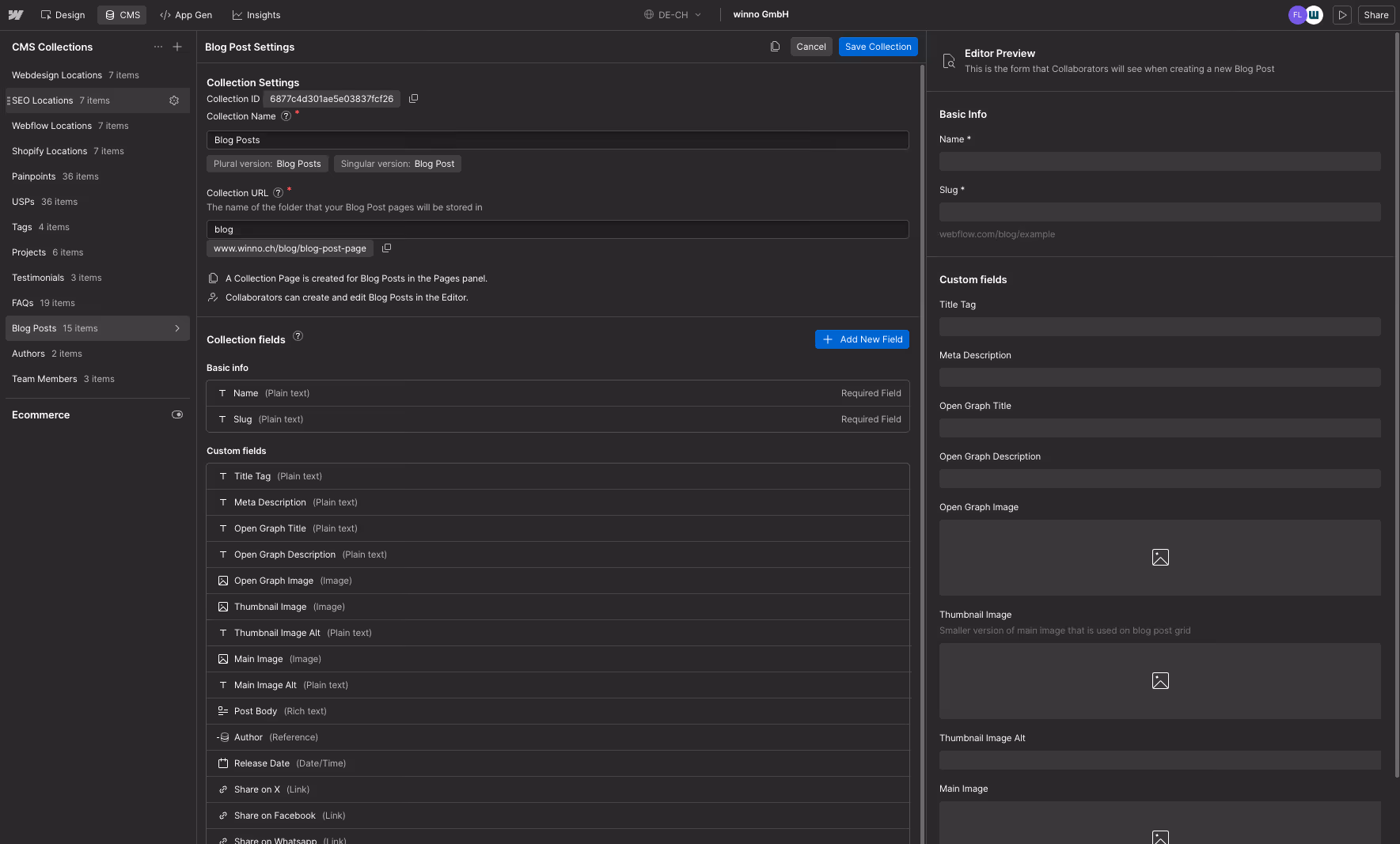 Der Webflow CMS-Editor mit einer geöffneten „Blog Posts“-Collection. Rechts das Bearbeitungs-Formular mit Feldern: Name, Slug, Thumbnail, Autor (Reference-Field), Tags (Multi-Reference), Publish-Datum, Rich Text Body.