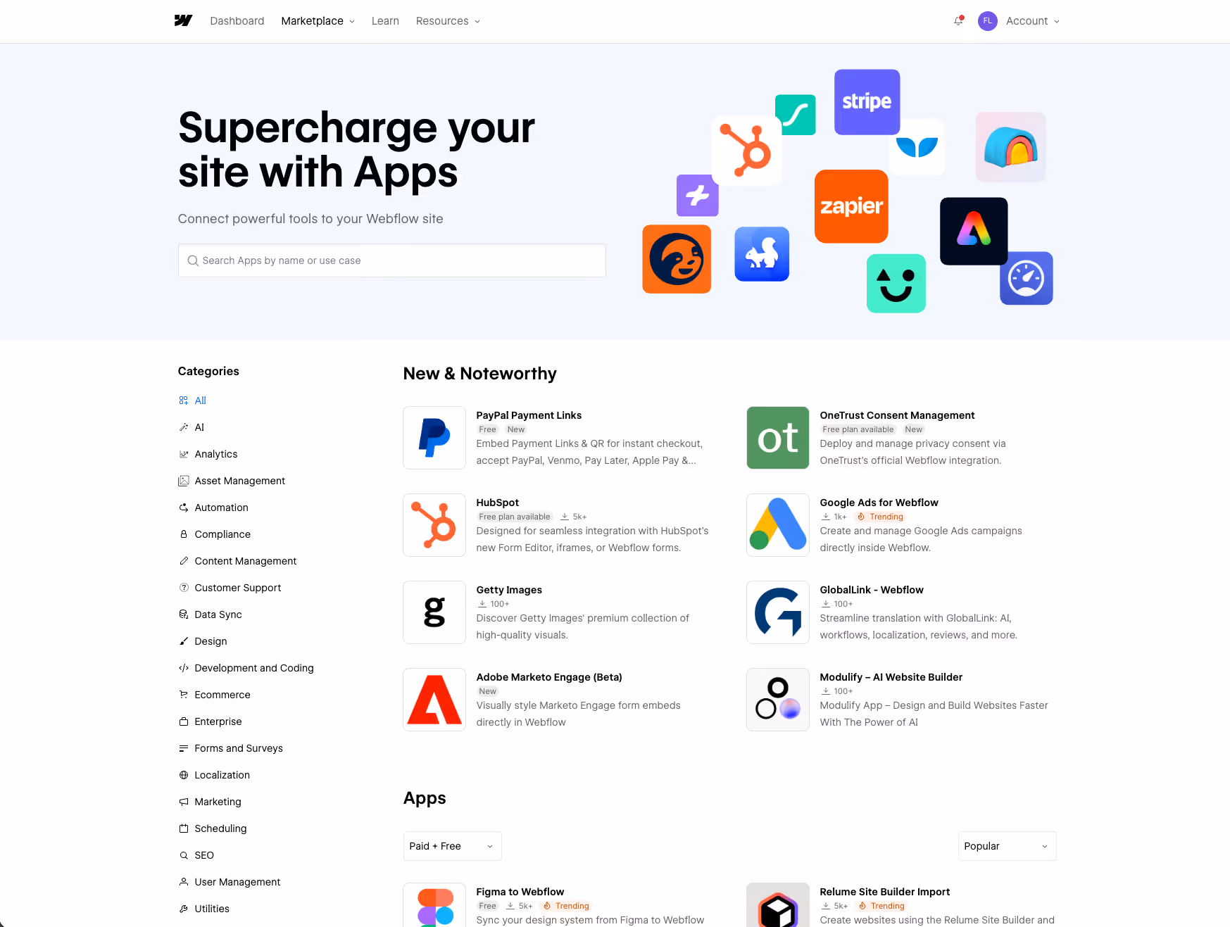 Der Webflow App Marketplace mit Kategorien-Leiste und App-Kacheln: Memberstack, Outseta, Make, Zapier, Fillout, Localizely, Foxy, DataCMS.