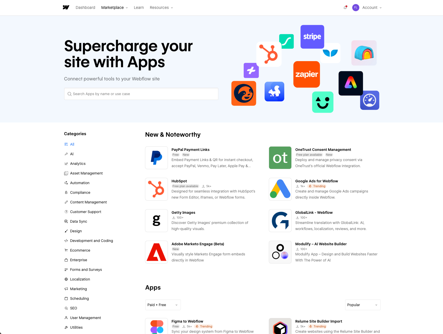 Der Webflow App Marketplace mit Kategorien-Leiste und App-Kacheln: Memberstack, Outseta, Make, Zapier, Fillout, Localizely, Foxy, DataCMS.