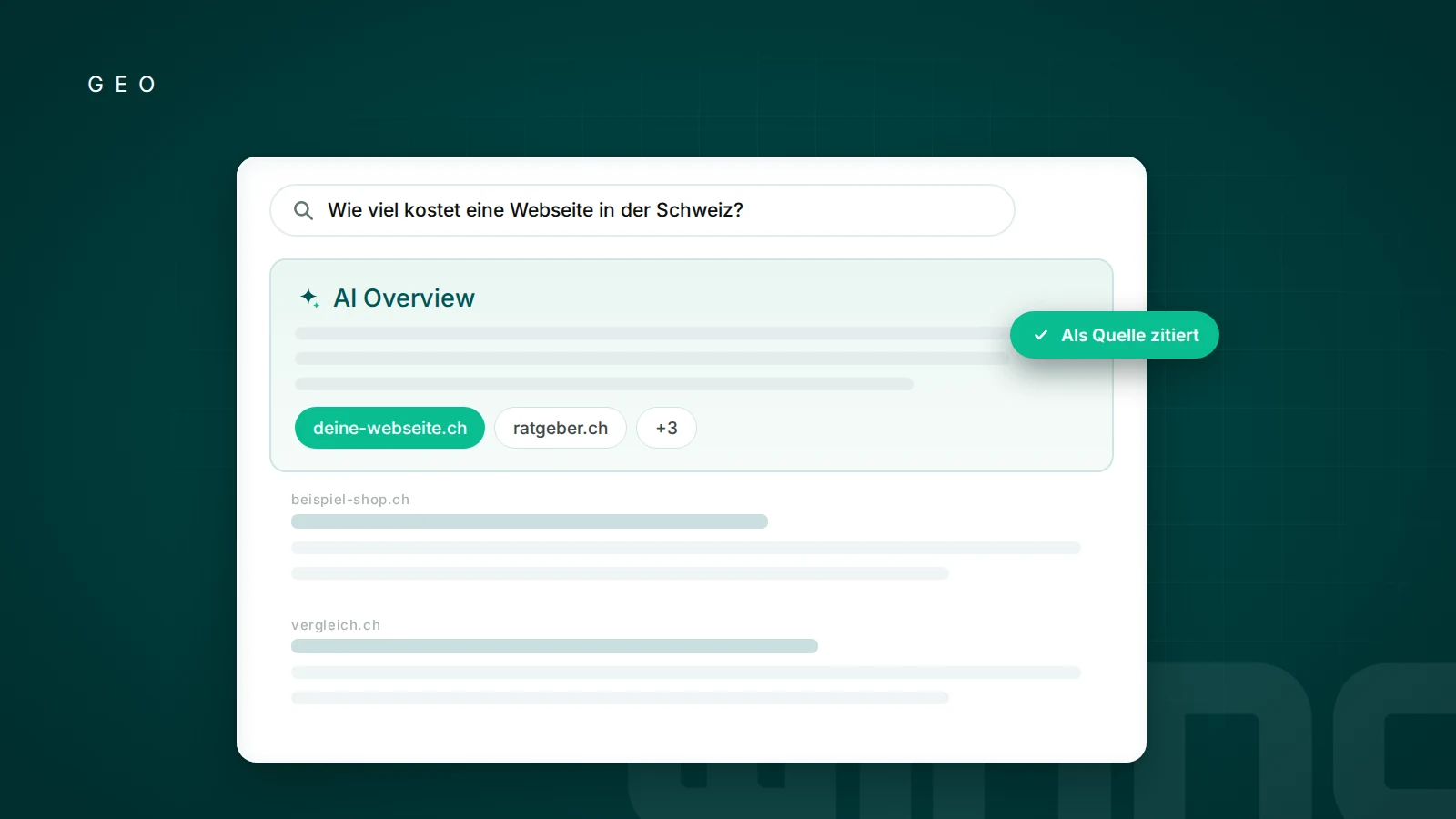 Google-Suchergebnis mit AI Overview, in dem eine Webseite als Quelle zitiert wird