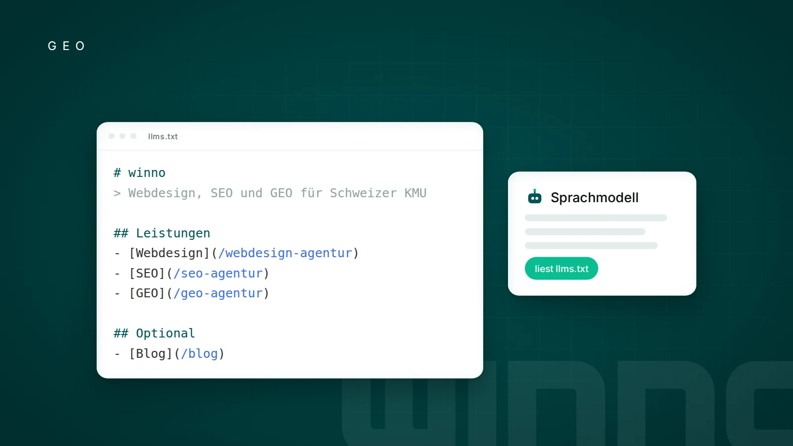 Beispiel einer llms.txt-Datei neben einer Karte für ein Sprachmodell