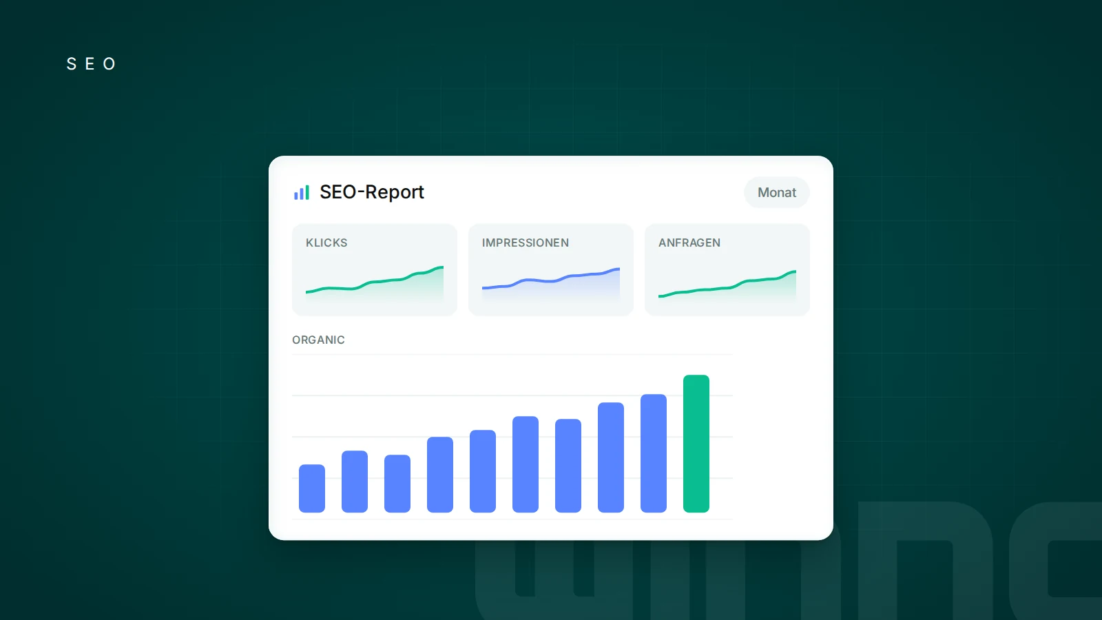 SEO-Report mit Klicks, Impressionen, Anfragen und organischem Verlauf