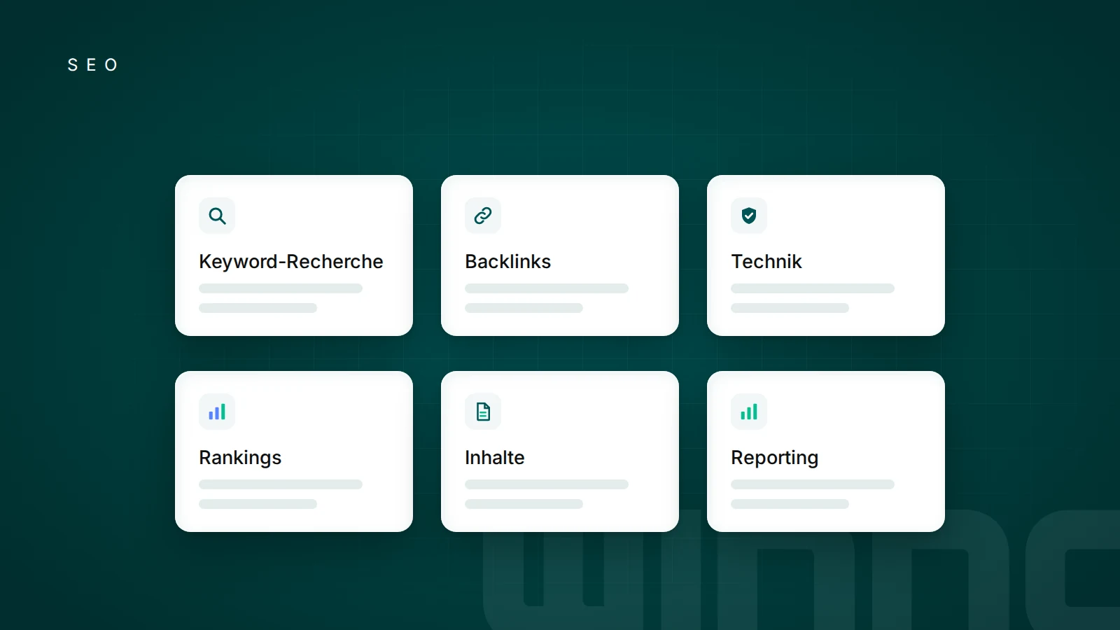 Sechs Werkzeugbereiche für Keyword-Recherche, Backlinks, Technik, Rankings, Inhalte und Reporting