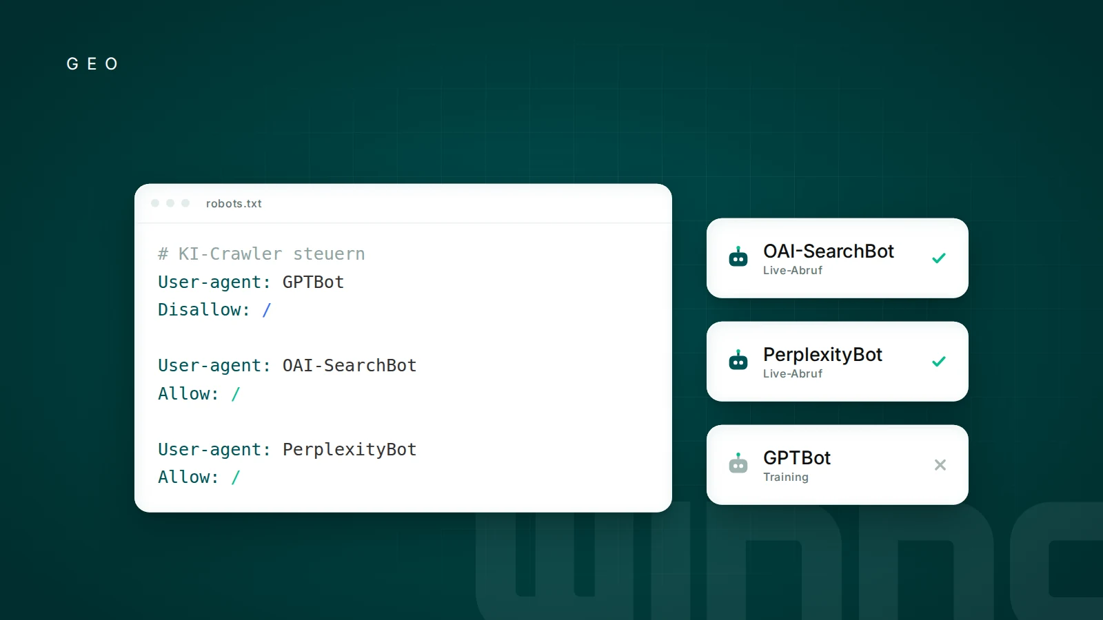 robots.txt mit Regeln für KI-Crawler und eine Übersicht erlaubter und gesperrter Bots