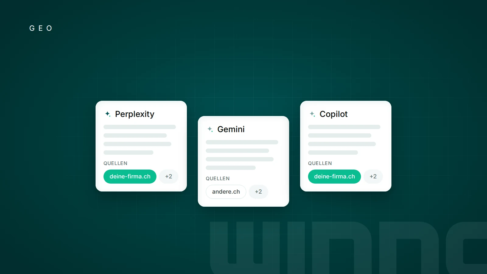 Antwortkarten von Perplexity, Gemini und Copilot mit zitierten Quellen