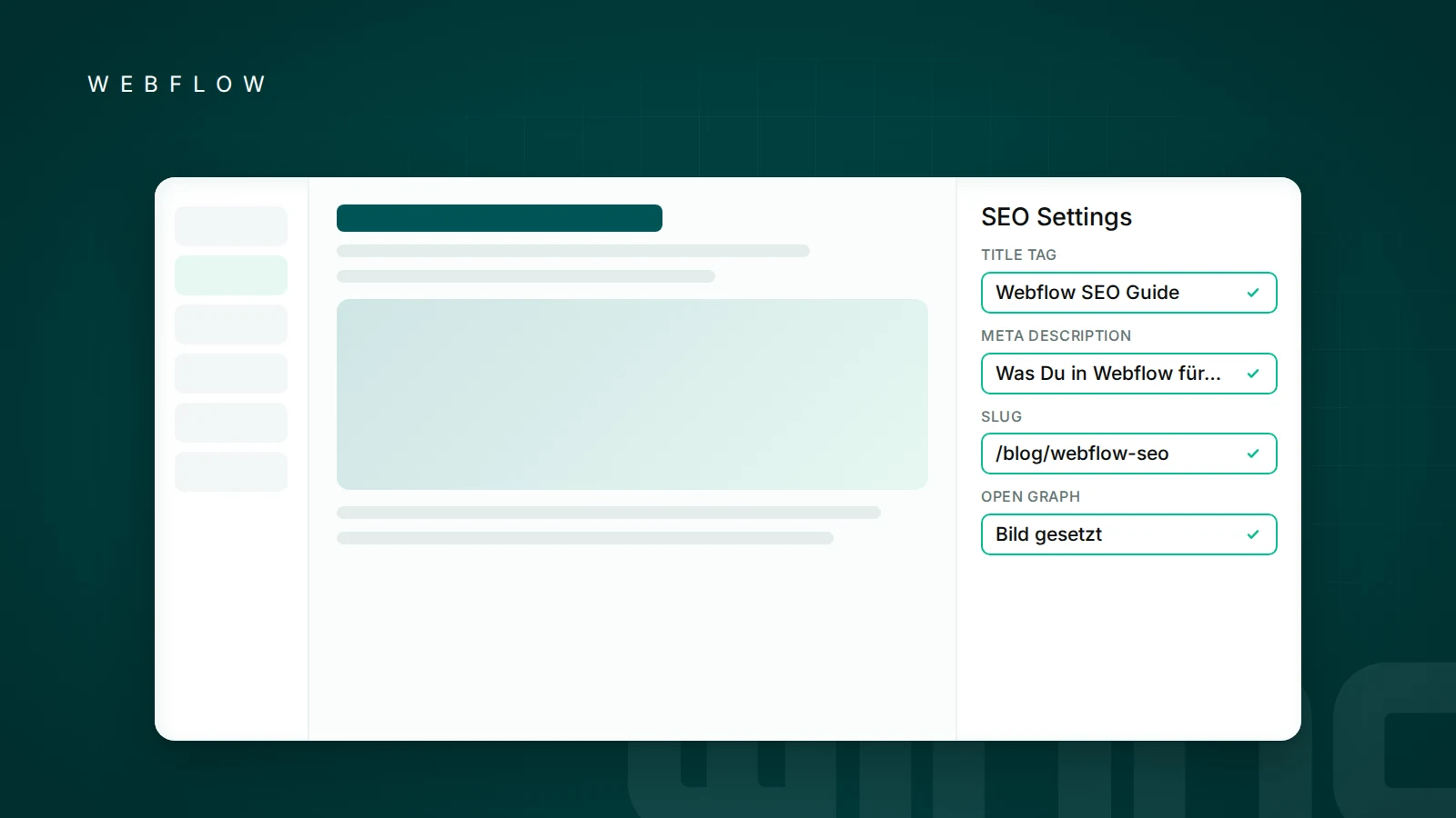 Webflow-Editor mit ausgefüllten SEO-Einstellungen