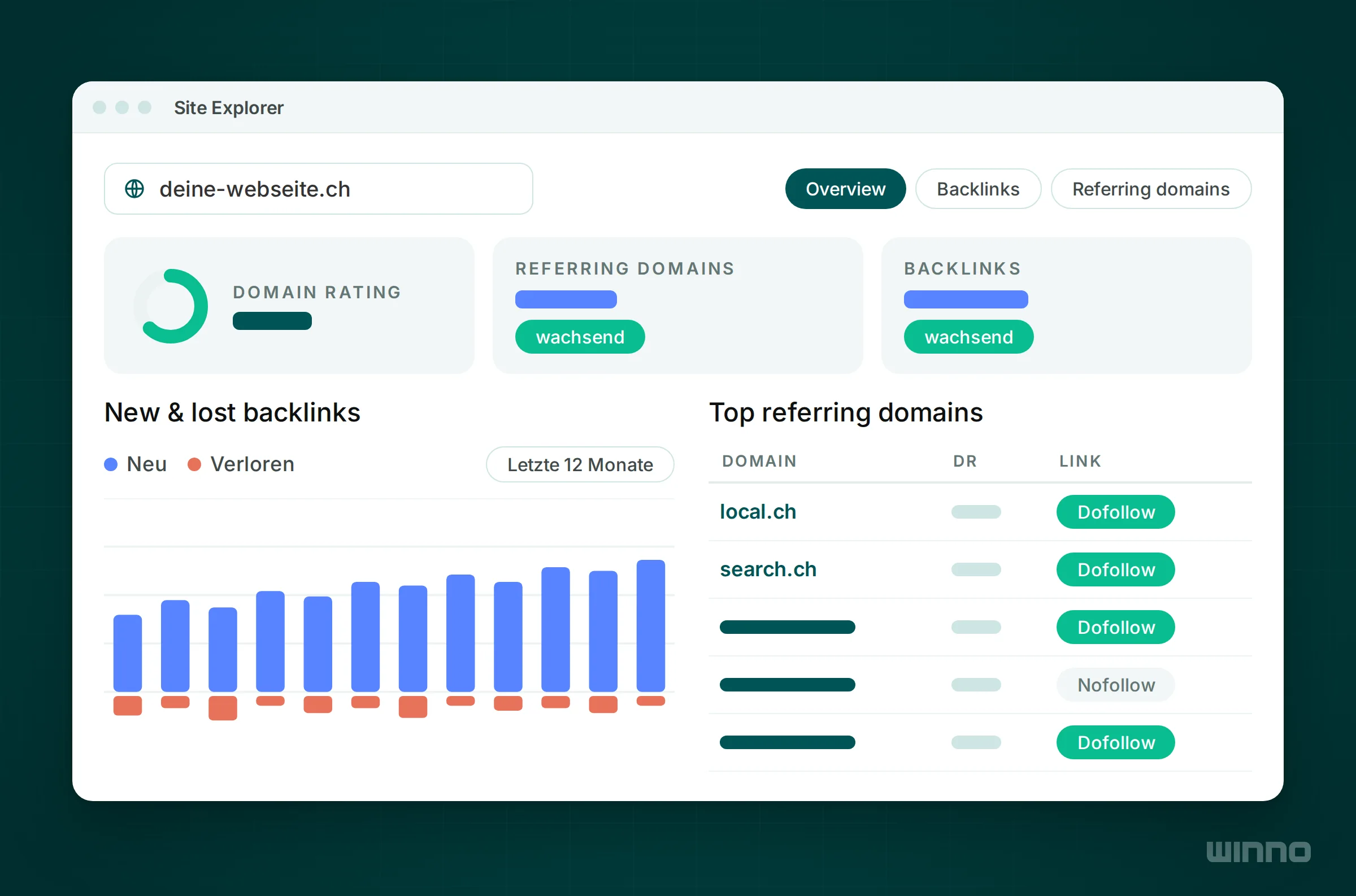 Vereinfachte Backlink-Übersicht im Site Explorer mit Domain Rating, stetig wachsenden neuen Links, wenigen Verlusten und Top-Domains