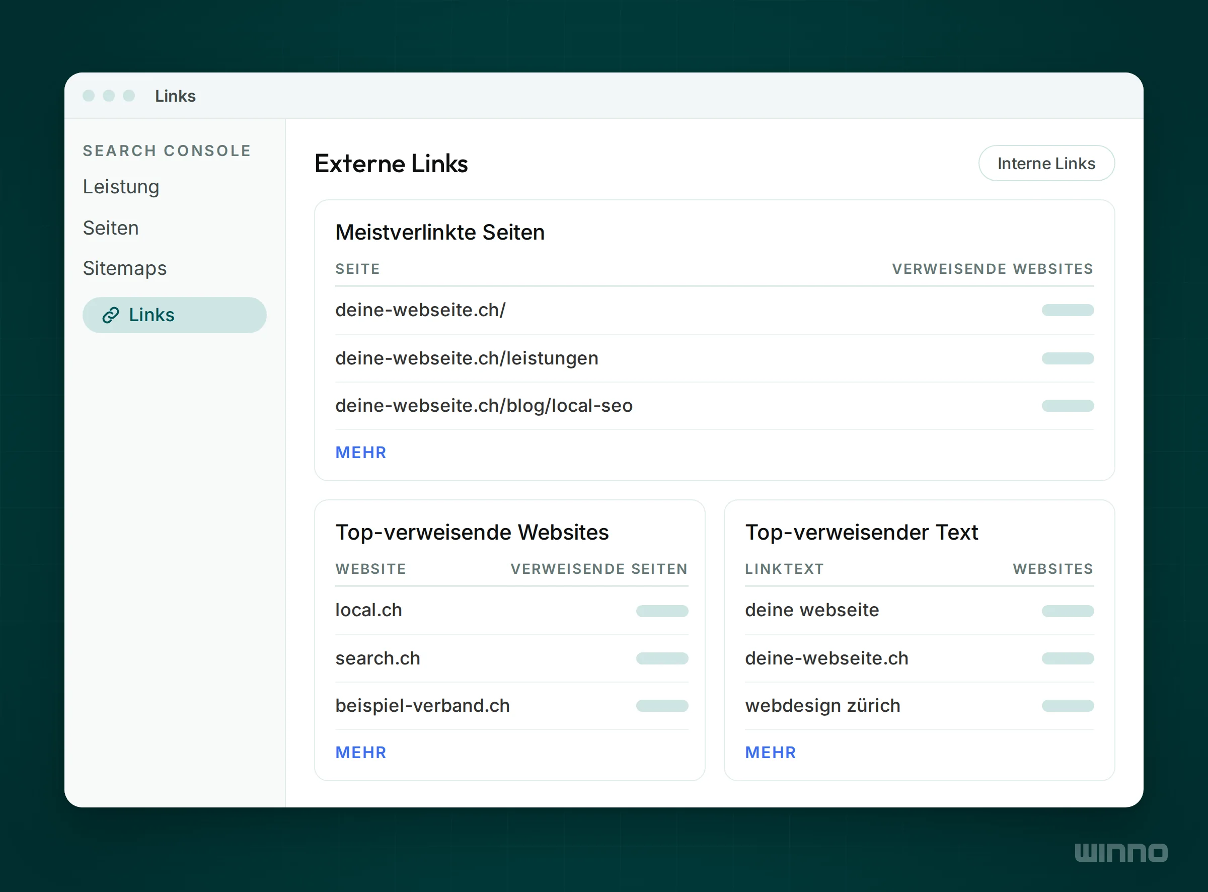 Search Console Bericht Links mit meistverlinkten Seiten, top-verweisenden Websites und häufigsten Linktexten