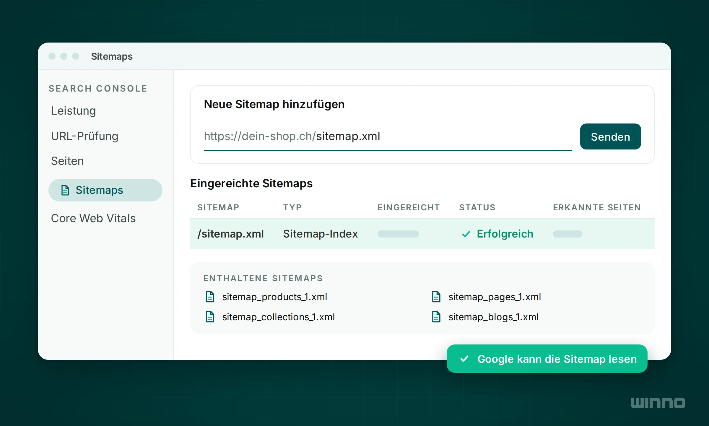Vereinfachte Search Console Ansicht Sitemaps mit eingereichter sitemap.xml eines Shopify-Shops und Status Erfolgreich