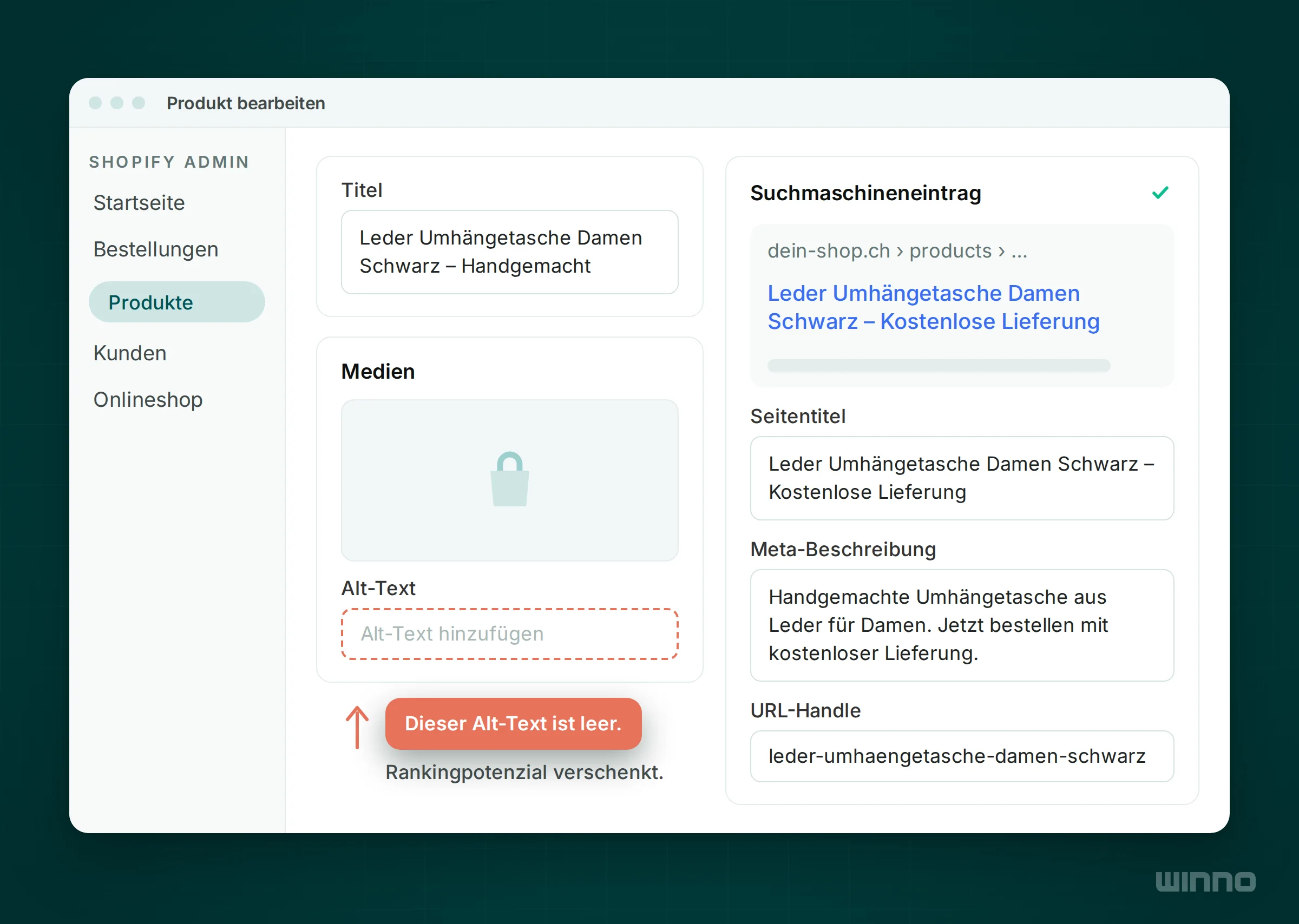 Vereinfachter Shopify Produkt-Editor mit ausgefülltem Suchmaschineneintrag und leerem Alt-Text-Feld beim Produktbild