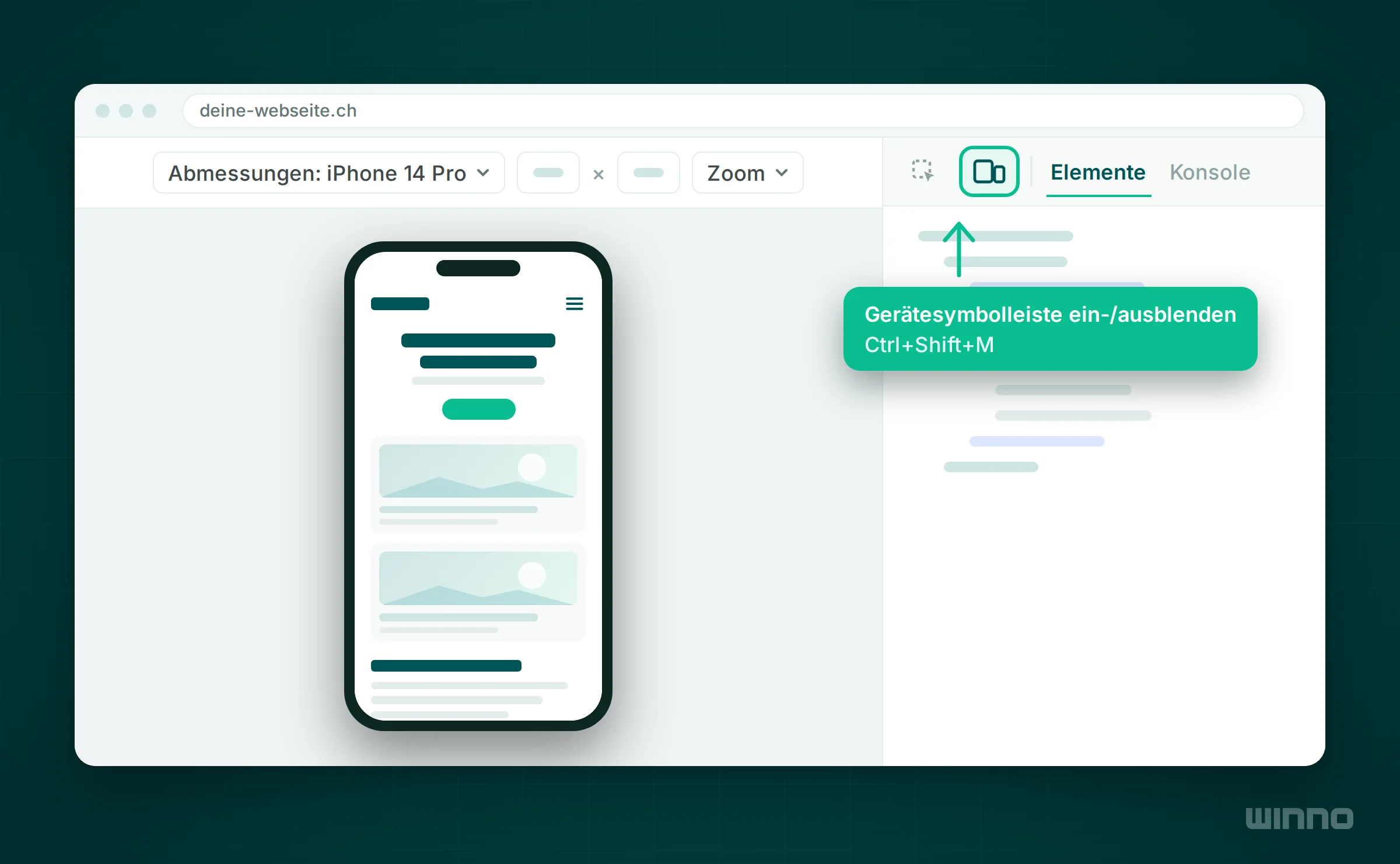 Chrome DevTools im Gerätemodus mit iPhone 14 Pro, markiert ist das Symbol zum Ein- und Ausblenden der Gerätesymbolleiste