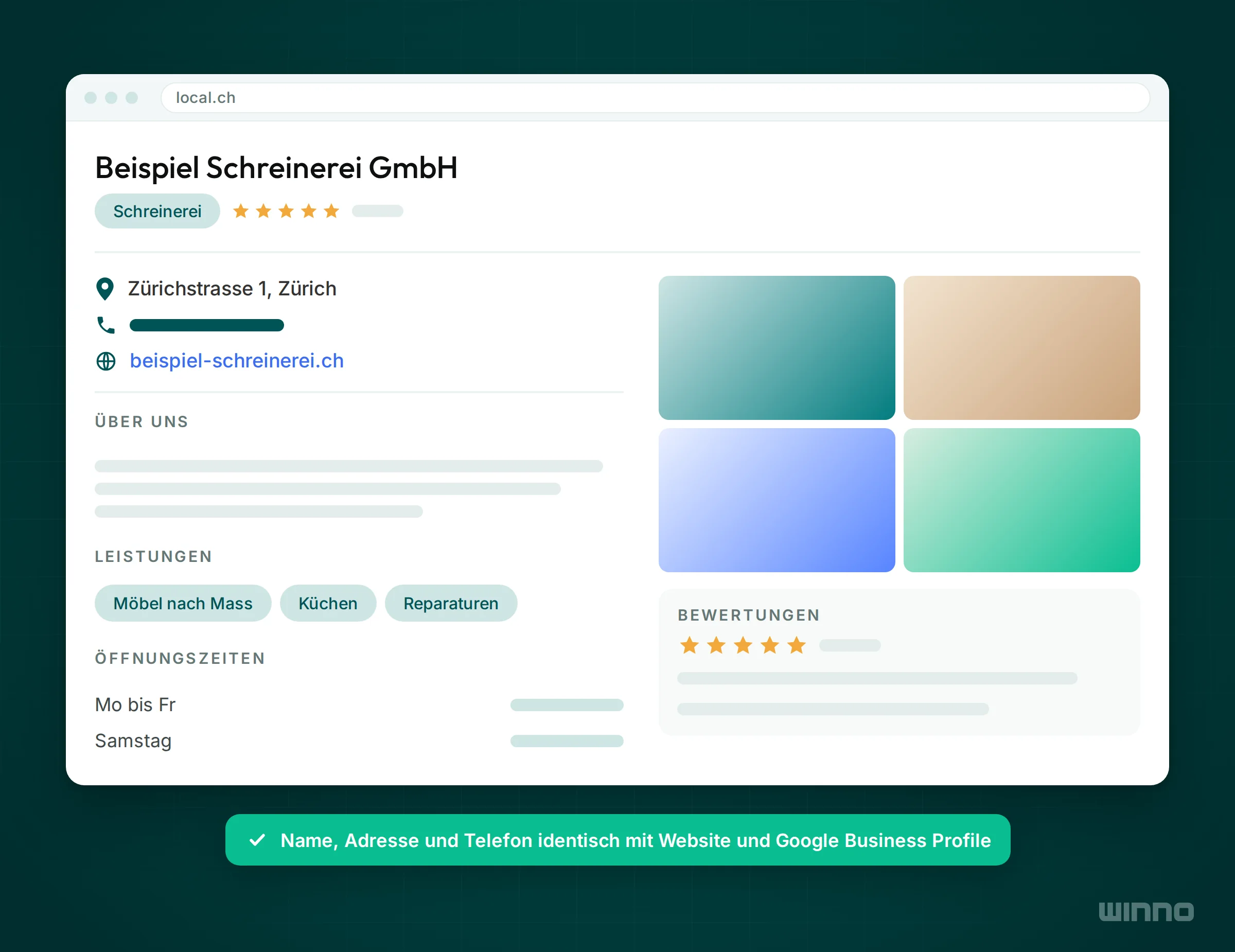 Vereinfachtes local.ch Firmenprofil mit Adresse, Telefon, Website, Leistungen, Öffnungszeiten, Fotos und Bewertungen, NAP wie bei Google